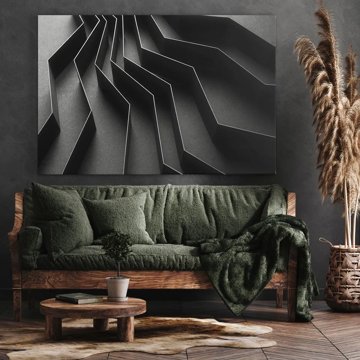 Obraz na płótnie - Czarno-biała abstrakcja z geometrycznymi strukturami - 70x50cm - Przestrzenny porządek - Nowoczesna dekoracja ścienna do salonu i sypialni ARTTOR