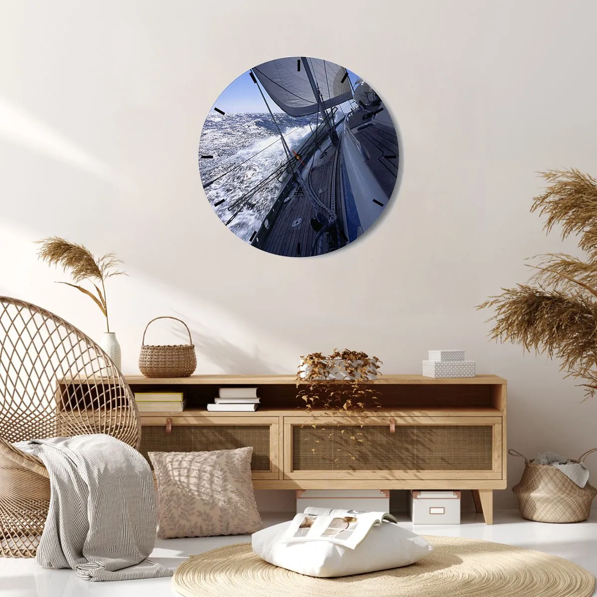 Zegar ścienny - Jacht na otwartym morzu wśród fal - 30x30cm - Wiem, co to być ptakiem - Nowoczesna dekoracja ścienna do salonu, kuchni i sypialni ARTTOR