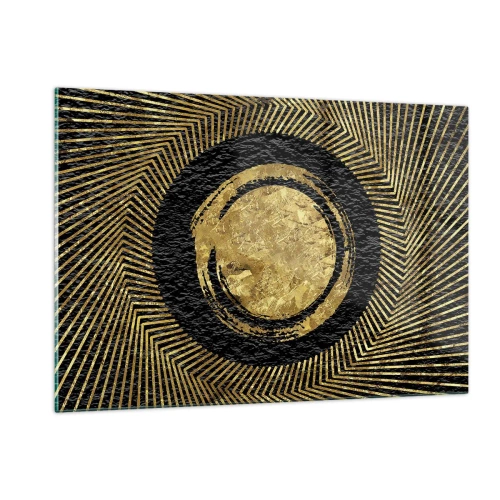 Obraz na szkle - Złoty krąg z promieniami na czarnym tle w stylu glamour - 120x80cm - Kompozycja glamour - Nowoczesna dekoracja ścienna do salonu, kuchni i sypialni ARTTOR