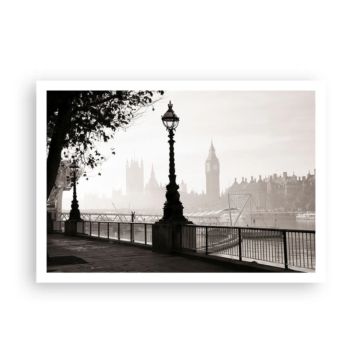 Plakat - Monochromatyczny widok na Big Ben i Tamizę - 100x70cm - Londyński poranek - Nowoczesna dekoracja ścienna do salonu i sypialni ARTTOR