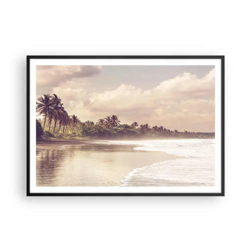 Plakat w czarnej ramie - Plaża z palmami i delikatnymi falami o poranku - 100x70cm - Pieszczota fal - Nowoczesna dekoracja ścienna do salonu i sypialni ARTTOR