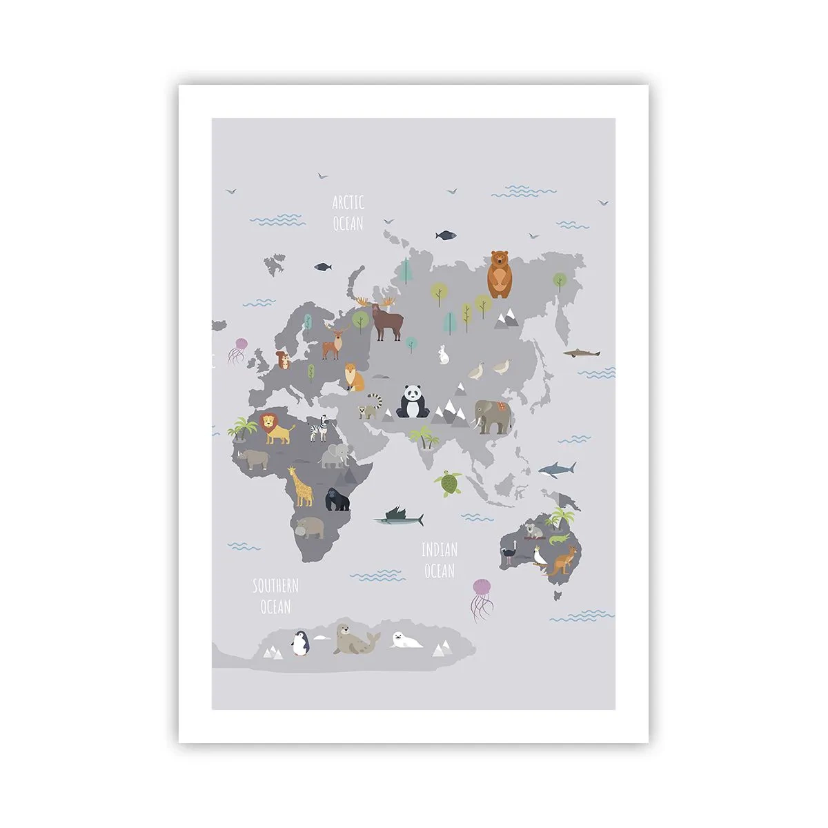 Plakat - Mapa świata z kolorowymi zwierzętami dla dzieci - 50x70cm - Powiedz mi, skąd jesteś… - Nowoczesna dekoracja ścienna do salonu, kuchni i sypialni ARTTOR