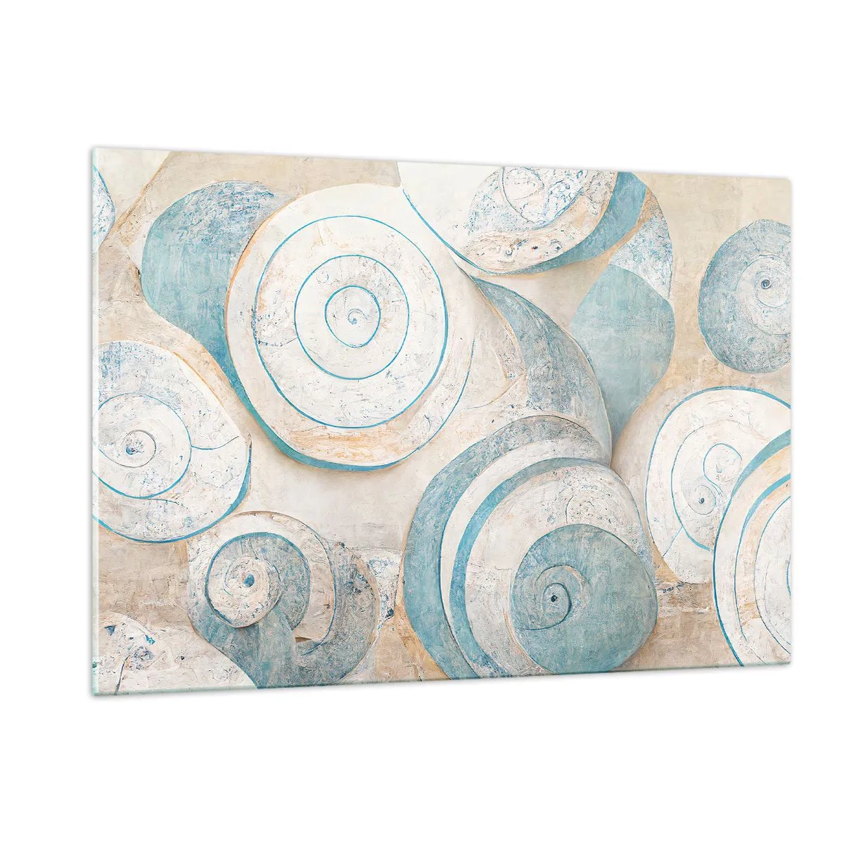 Obraz na szkle - Muszle w błękitno-beżowej palecie na strukturalnym tle - 120x80cm - Co kryje muszla? - Nowoczesna dekoracja ścienna do salonu, kuchni i sypialni ARTTOR