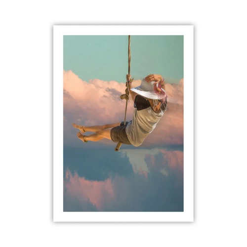 Plakat - Kobieta na huśtawce wśród pastelowych chmur - 50x70cm - Zabawa w obłokach - Nowoczesna dekoracja ścienna do salonu, kuchni i sypialni ARTTOR