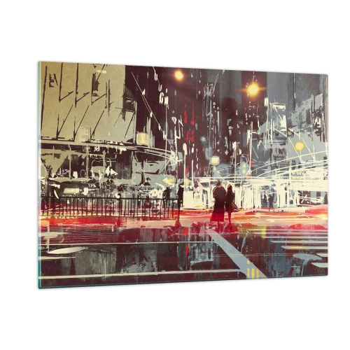 Obraz na szkle - Nocny krajobraz miasta z neonowymi światłami i sylwetkami przechodniów - 120x80cm - Wielkomiejska przeprawa - Nowoczesna dekoracja ścienna do salonu, kuchni i sypialni ARTTOR