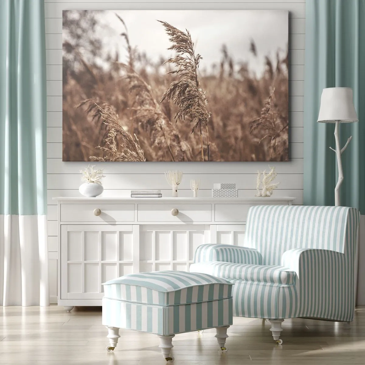 Obraz na płótnie - Złote trawy na tle jesiennej scenerii - 70x50cm - Na polach już jesień - Nowoczesna dekoracja ścienna do salonu i sypialni ARTTOR