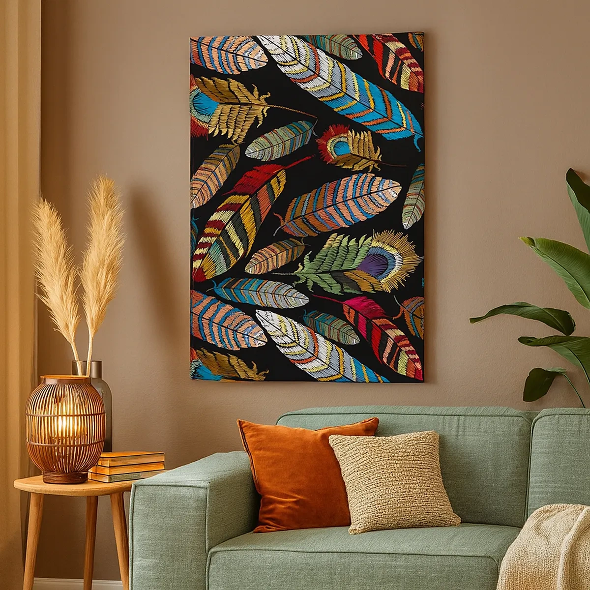 Obraz na płótnie - Kolorowe pióra na czarnym tle w stylu etnicznym - 50x70cm - Ptasi karnawał - Nowoczesna dekoracja ścienna do salonu, kuchni i sypialni ARTTOR