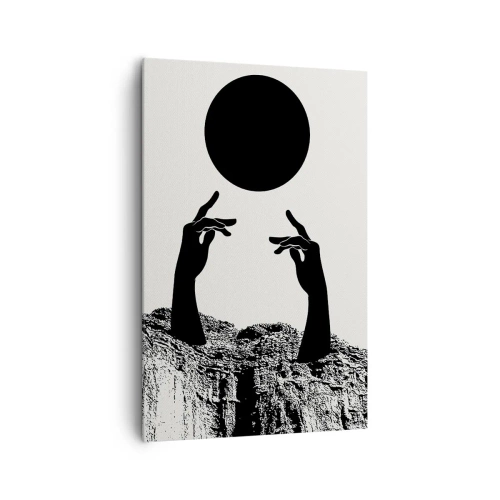 Obraz na płótnie - Czarne dłonie wyłaniające się z ziemi sięgające po czarne słońce - 80x120cm - Kompozycja surrealistyczna: słońce i reszta - Nowoczesna dekoracja ścienna do salonu i sypialni ARTTOR