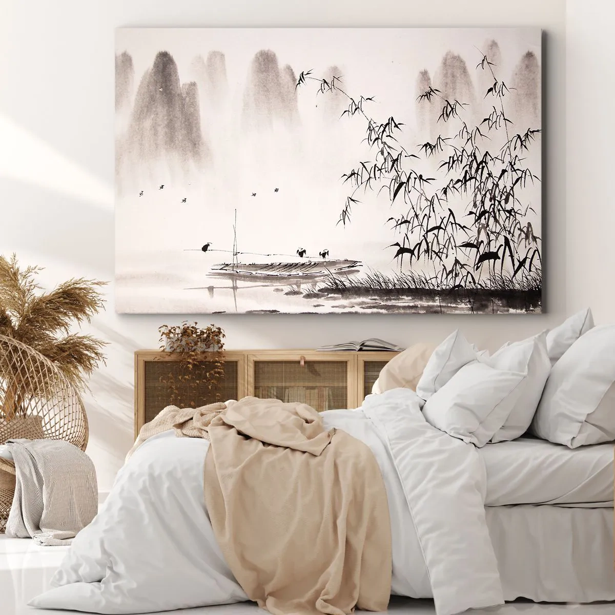 Obraz na płótnie - Minimalistyczny pejzaż w stylu orientalnym - 70x50cm - Cisza ryżowych pól - Nowoczesna dekoracja ścienna do salonu i sypialni ARTTOR