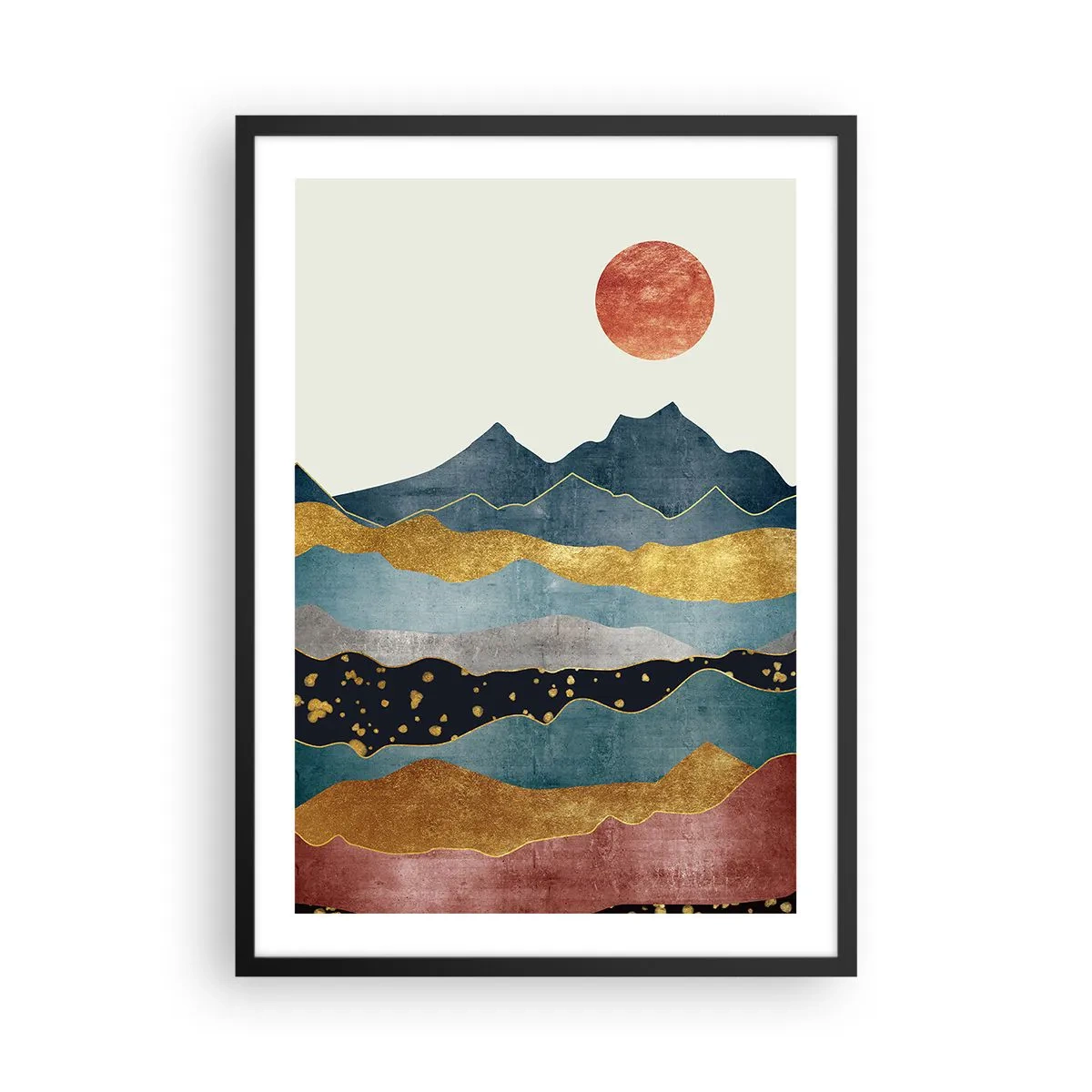 Plakat w czarnej ramie - Abstrakcyjne góry w odcieniach złota, błękitu i czerwieni - 50x70cm - Przekrój świata - Nowoczesna dekoracja ścienna do salonu i sypialni ARTTOR