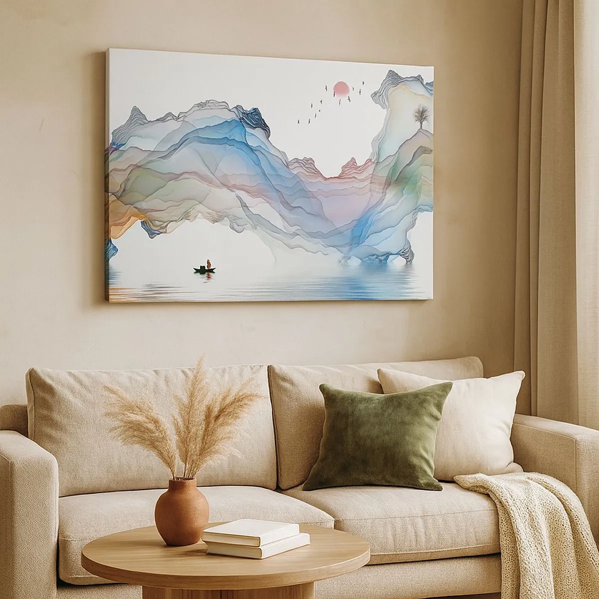 Obraz na płótnie - Subtelny krajobraz z górami, wodą i łódką - 70x50cm - Ku kryształowym górom - Nowoczesna dekoracja ścienna do salonu i sypialni ARTTOR