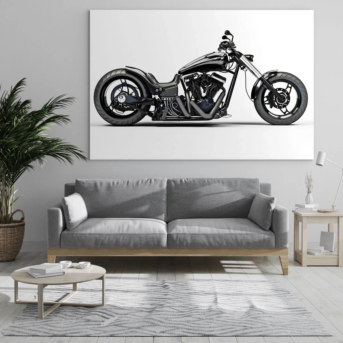 Obraz na szkle - Czarny motocykl custom na białym tle - 70x50cm - Dla kochających wolność - Nowoczesna dekoracja ścienna do salonu i sypialni ARTTOR