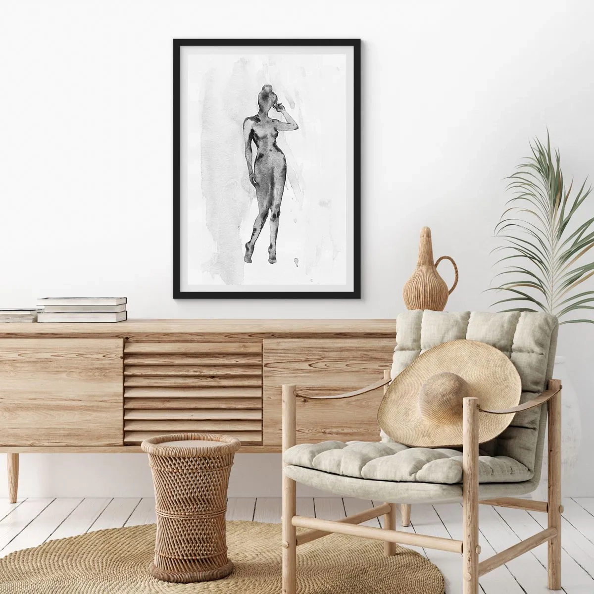 Plakat w czarnej ramie - Sylwetka kobiety w technice czarno-białego akwarelu - 50x70cm - Studium ideału kobiecości - Nowoczesna dekoracja ścienna do salonu i sypialni ARTTOR