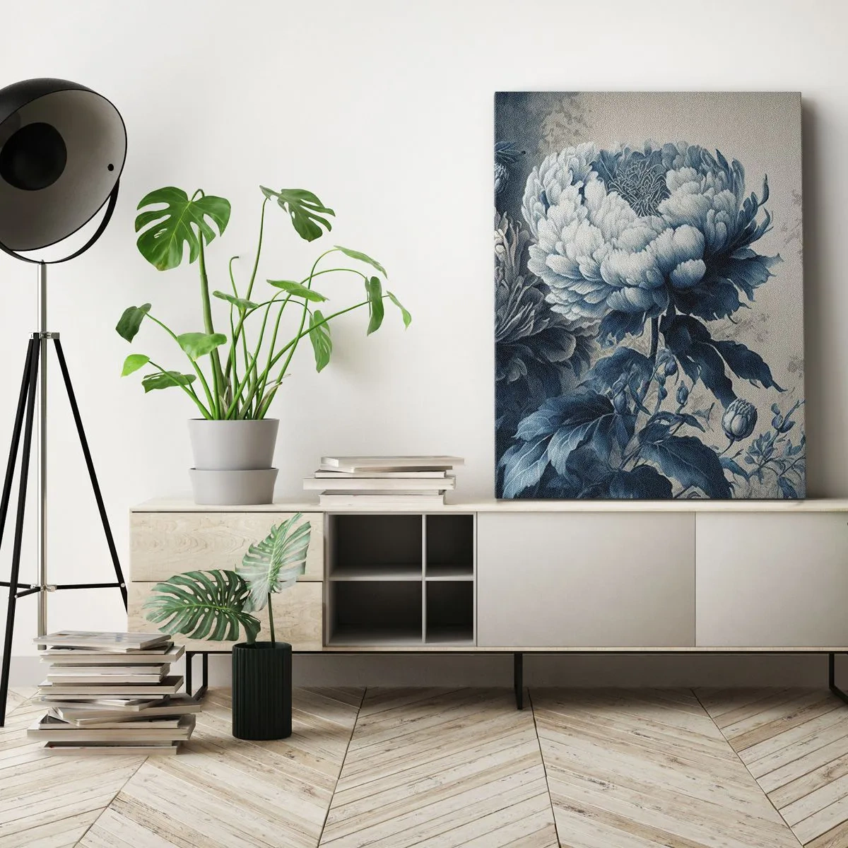 Obraz na płótnie - Delikatna piwonia w odcieniach niebieskiego na beżowym tle - 50x70cm - Dobrana para - Nowoczesna dekoracja ścienna do salonu, kuchni i sypialni ARTTOR