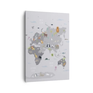 Obraz na płótnie - Mapa świata z ilustracjami zwierząt na szarym tle - 70x100cm - Powiedz mi, skąd jesteś… - Nowoczesna dekoracja ścienna do salonu i sypialni ARTTOR