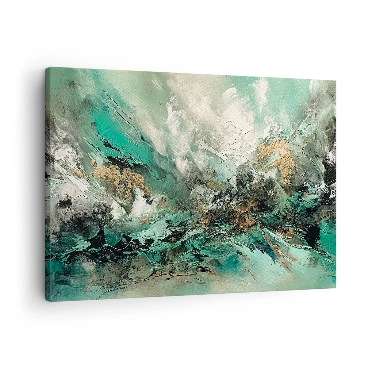 Obraz na płótnie - Abstrakcyjny pejzaż w odcieniach zieleni i złota - 70x50cm - Szmaragdowo-czarna kipiel - Nowoczesna dekoracja ścienna do salonu i sypialni ARTTOR