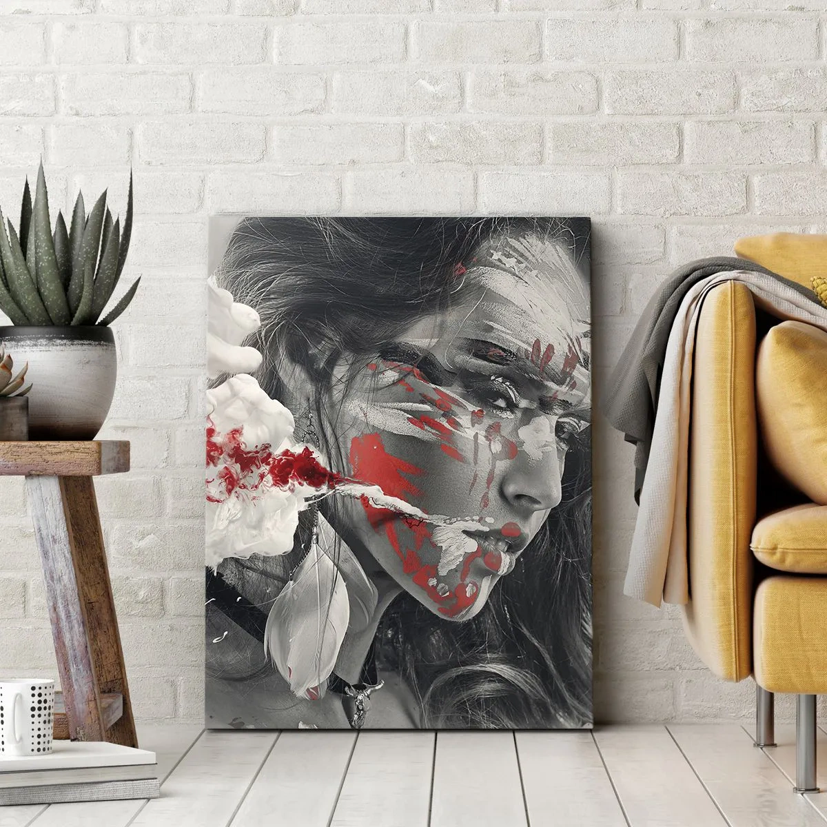 Obraz na płótnie - Portret kobiety z malarskimi czerwonymi akcentami na twarzy - 50x70cm - W oparach absurdu - Nowoczesna dekoracja ścienna do salonu, kuchni i sypialni ARTTOR