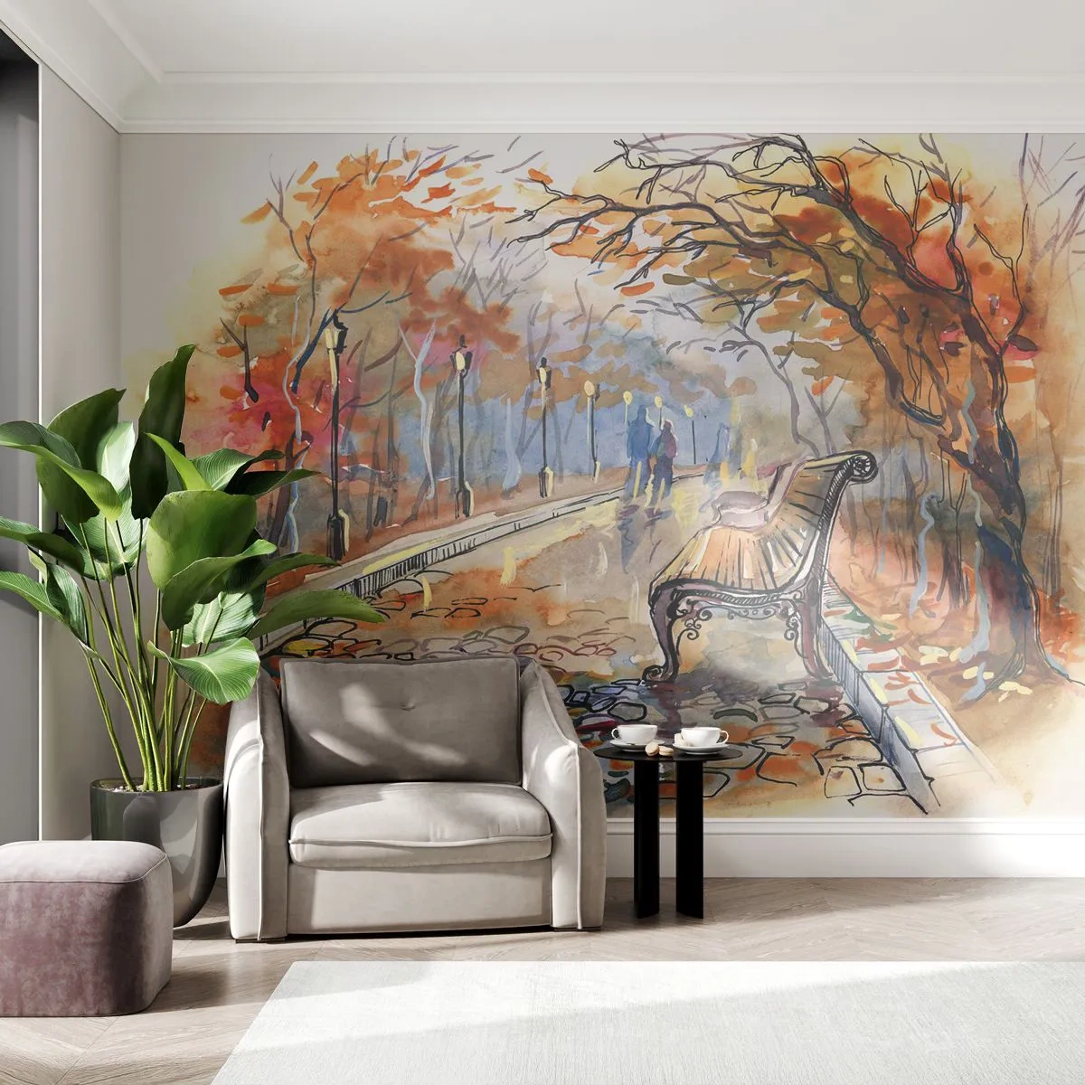 Fototapeta Premium Sand - Jesienny park z ławką w akwarelowym stylu - 100x70cm - Razem powędrować w jesień - Nowoczesna dekoracja ścienna do salonu, kuchni i sypialni ARTTOR