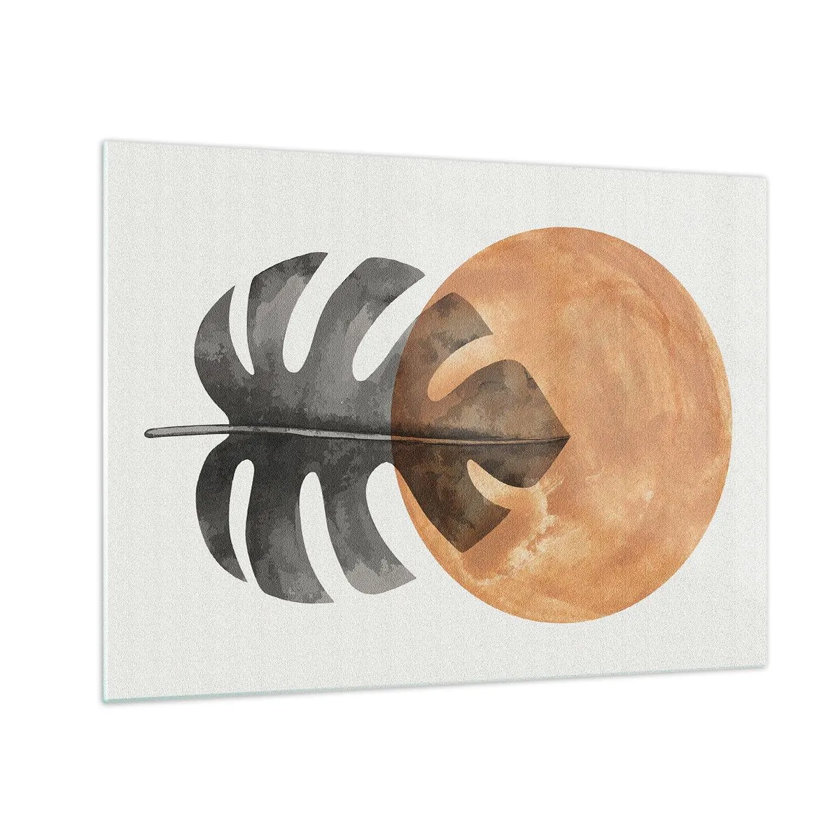 Obraz na szkle - Liść monstery i pomarańczowe koło w stylu graficznym na białym tle - 70x50cm - Zawsze słońce - Nowoczesna dekoracja ścienna do salonu i sypialni ARTTOR