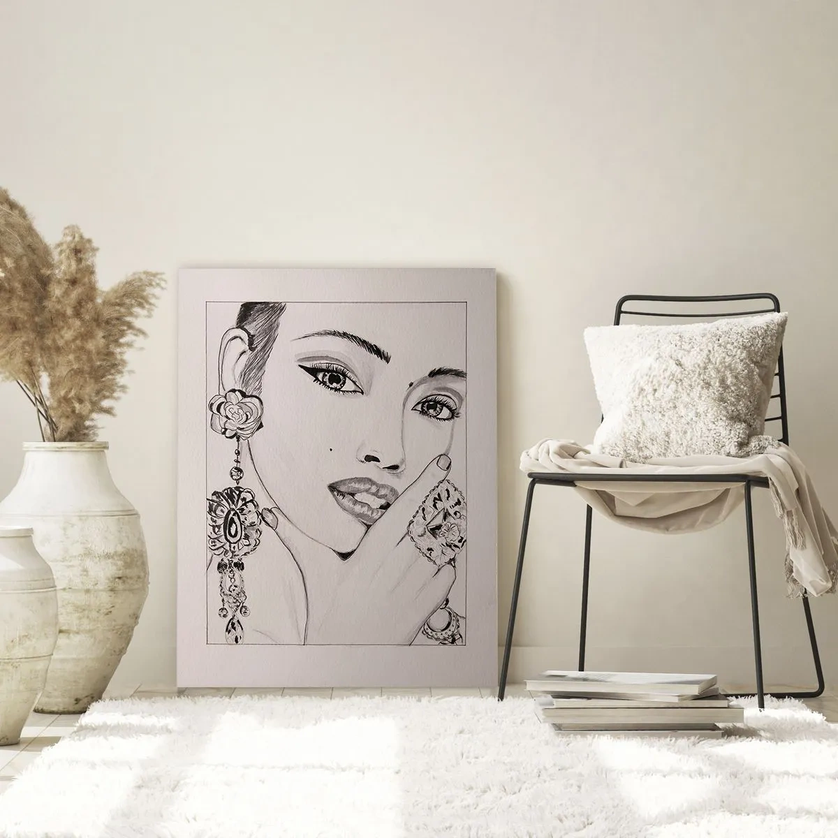 Obraz na szkle - Szkic kobiecej twarzy z ozdobnymi kolczykami i pierścionkami - 80x120cm - Najpiękniejszy klejnot - Nowoczesna dekoracja ścienna do salonu i sypialni ARTTOR