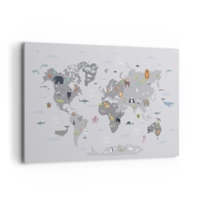 Obraz na płótnie - Mapa świata z ilustracjami zwierząt na szarym tle - 120x80cm - Powiedz mi, skąd jesteś… - Nowoczesna dekoracja ścienna do salonu, kuchni i sypialni ARTTOR