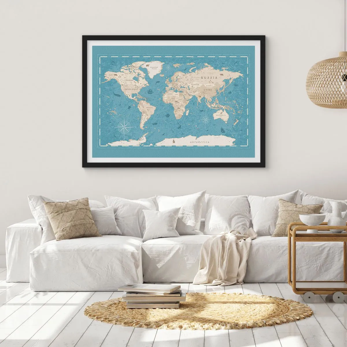 Plakat w czarnej ramie - Dekoracyjna mapa świata w odcieniach niebieskiego i beżu - 70x50cm - Świat w zasięgu ręki - Nowoczesna dekoracja ścienna do salonu i sypialni ARTTOR