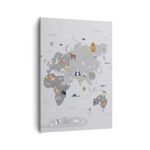 Obraz na płótnie - Mapa świata z ilustracjami zwierząt charakterystycznych dla różnych regionów - 50x70cm - Powiedz mi, skąd jesteś… - Nowoczesna dekoracja ścienna do salonu, kuchni i sypialni ARTTOR