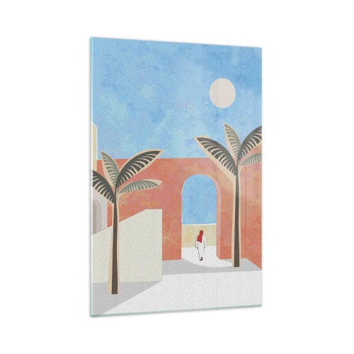 Obraz na szkle - Minimalistyczna ilustracja architektury z palmami w pastelowych kolorach - 70x100cm - Arabski dzień - Nowoczesna dekoracja ścienna do salonu i sypialni ARTTOR