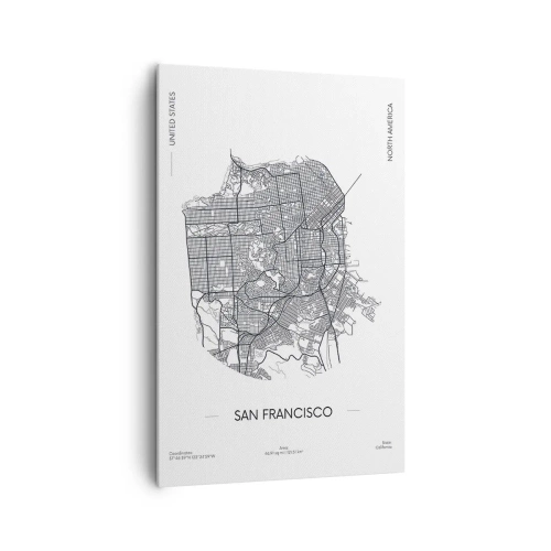 Obraz na płótnie - Mapa San Francisco w czarno-białym stylu minimalistycznym - 80x120cm - Anatomia San Francisco - Nowoczesna dekoracja ścienna do salonu i sypialni ARTTOR