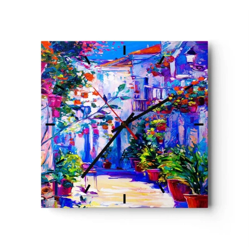 Zegar ścienny - Kolorowa uliczka pełna kwiatów - 30x30cm - Impresja - włoska uliczka - Nowoczesna dekoracja ścienna do salonu i sypialni ARTTOR