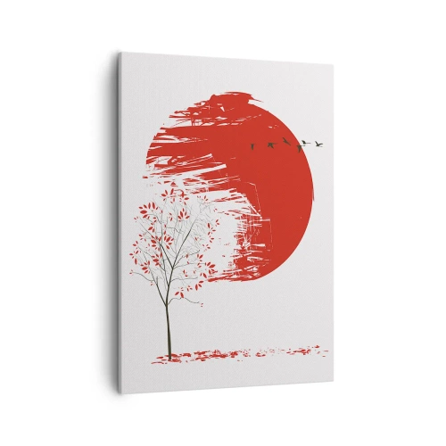 Obraz na płótnie - Czerwone słońce, drzewo z czerwonymi liśćmi i lecące ptaki - 50x70cm - Znasz li ten kraj? - Nowoczesna dekoracja ścienna do salonu, kuchni i sypialni ARTTOR