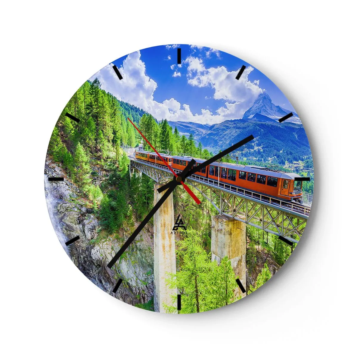 Zegar ścienny - Czerwony pociąg jadący przez most w alpejskim krajobrazie - 30x30cm - Kolej na Alpy - Nowoczesna dekoracja ścienna do salonu, kuchni i sypialni ARTTOR