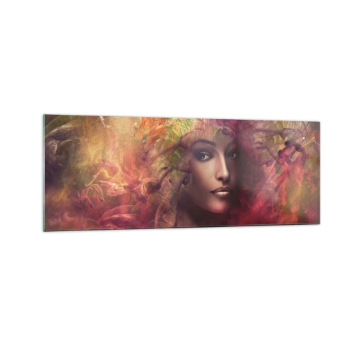 Obraz na szkle - Kobieta w abstrakcyjnych kolorach tworzących dynamiczne tło - 140x50cm - Tu jestem! - Nowoczesna dekoracja ścienna do salonu i sypialni ARTTOR