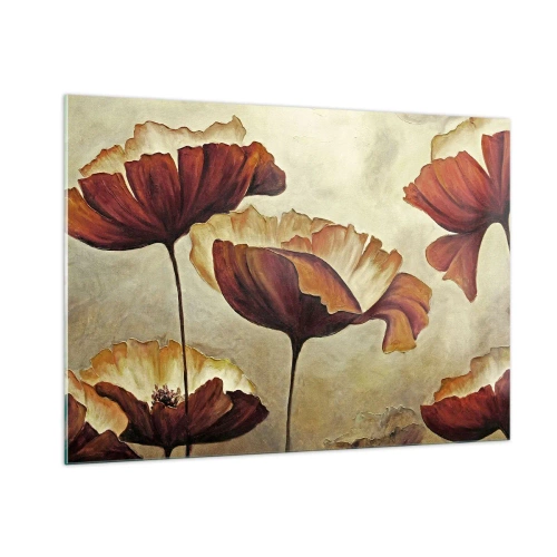 Obraz na szkle - Makowe kwiaty w odcieniach czerwieni i złota na jasnym tle - 100x70cm - Łąki łan - Nowoczesna dekoracja ścienna do salonu, kuchni i sypialni ARTTOR