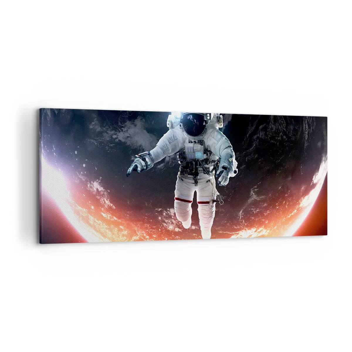 Obraz na płótnie - Astronauta unoszący się nad Ziemią oświetloną słońcem - 120x50cm - Mogę zostać jeszcze chwilę? - Nowoczesna dekoracja ścienna do salonu i sypialni ARTTOR