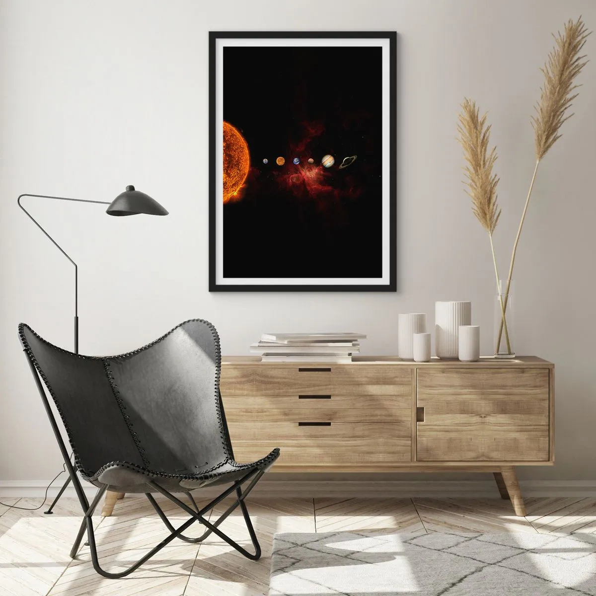 Plakat w czarnej ramie - Układ Słoneczny z planetami na tle kosmosu - 50x70cm - Nasza okolica - Nowoczesna dekoracja ścienna do salonu i sypialni ARTTOR
