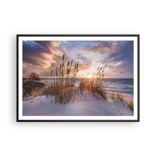 Plakat w czarnej ramie - Wydmy z trawami na tle zachodzącego słońca - 100x70cm - Pożegnanie słońca i wiatru - Nowoczesna dekoracja ścienna do salonu i sypialni ARTTOR