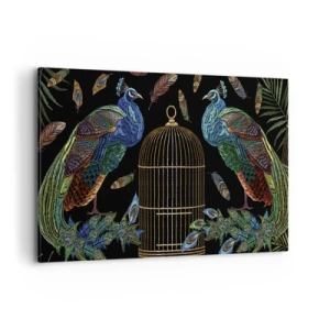 Obraz na płótnie - Pawie przy złotej klatce na czarnym tle - 100x70cm - W królewskich szatach - Nowoczesna dekoracja ścienna do salonu, kuchni i sypialni ARTTOR