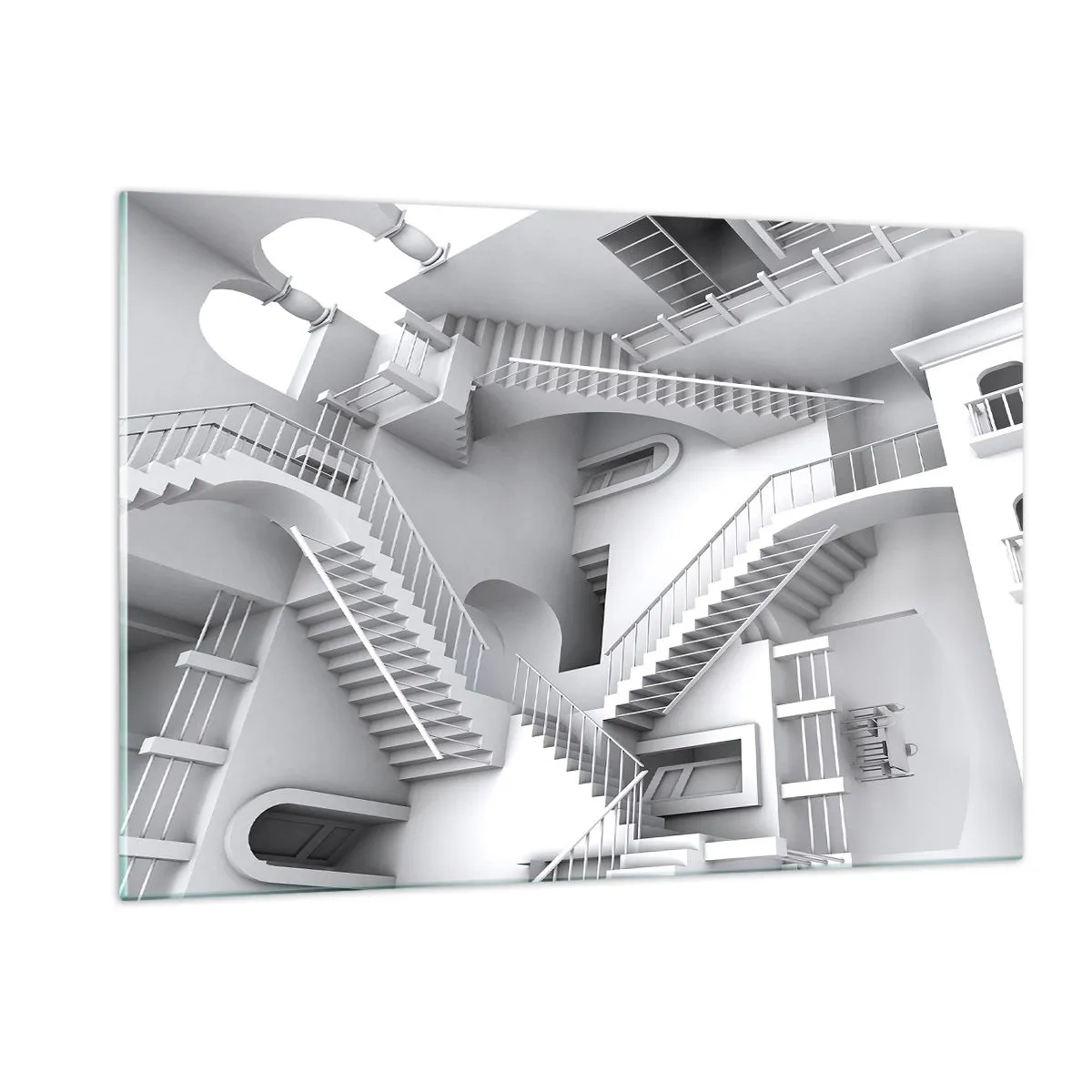 Obraz na szkle - Labirynt schodów w surrealistycznej przestrzeni - 120x80cm - Paradoksy przestrzeni - Nowoczesna dekoracja ścienna do salonu, kuchni i sypialni ARTTOR