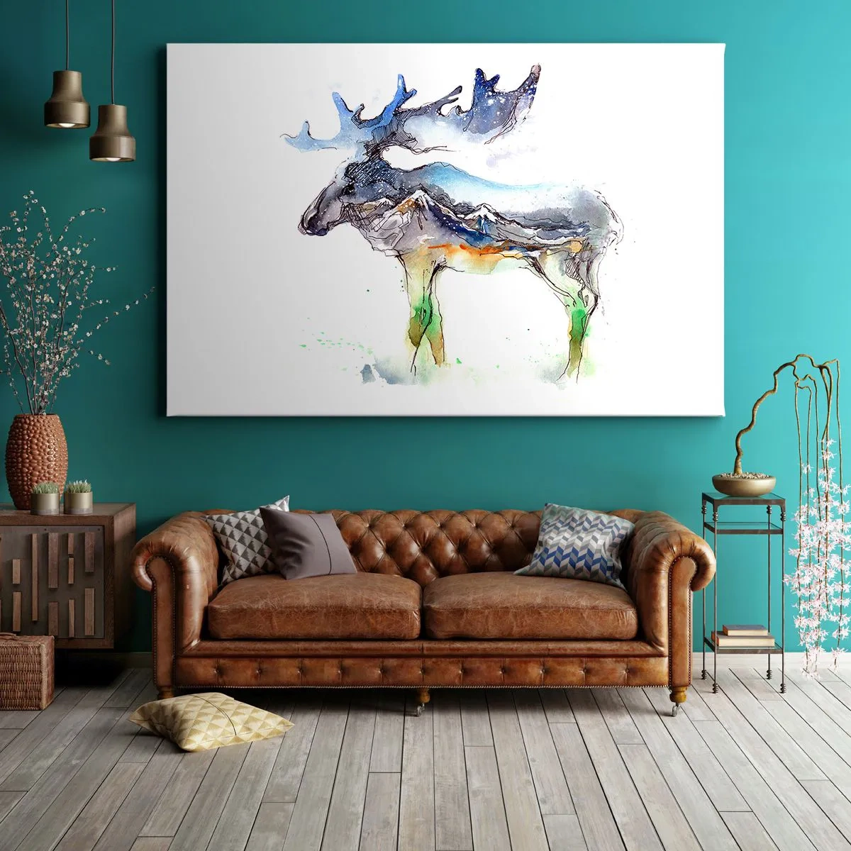 Obraz na płótnie - Akwarelowa sylwetka łosia z górskim pejzażem - 100x70cm - Bohater zimowej opowieści - Nowoczesna dekoracja ścienna do salonu, kuchni i sypialni ARTTOR