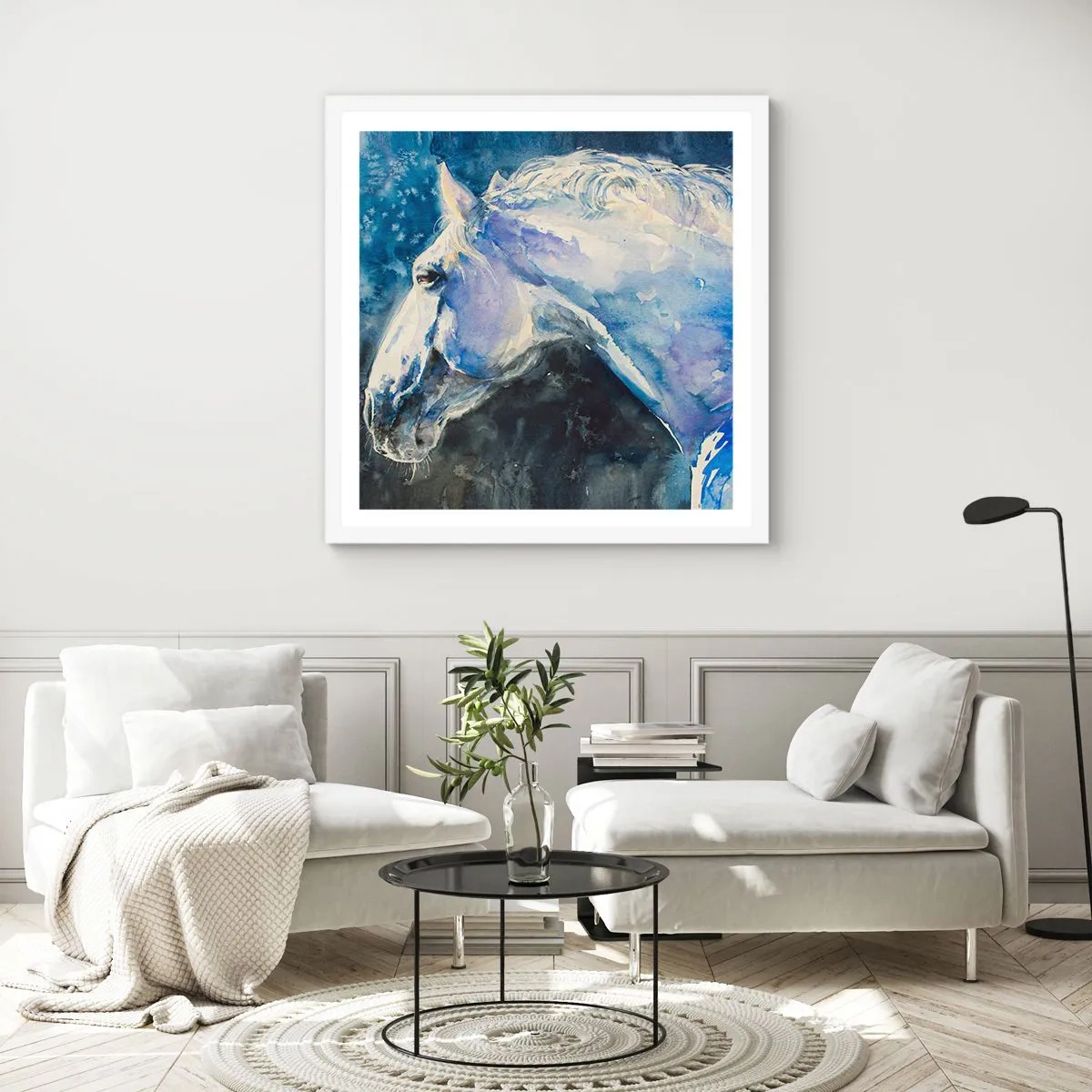 Plakat w białej ramie - Portret w błękitnej poświacie - 50x50 cm