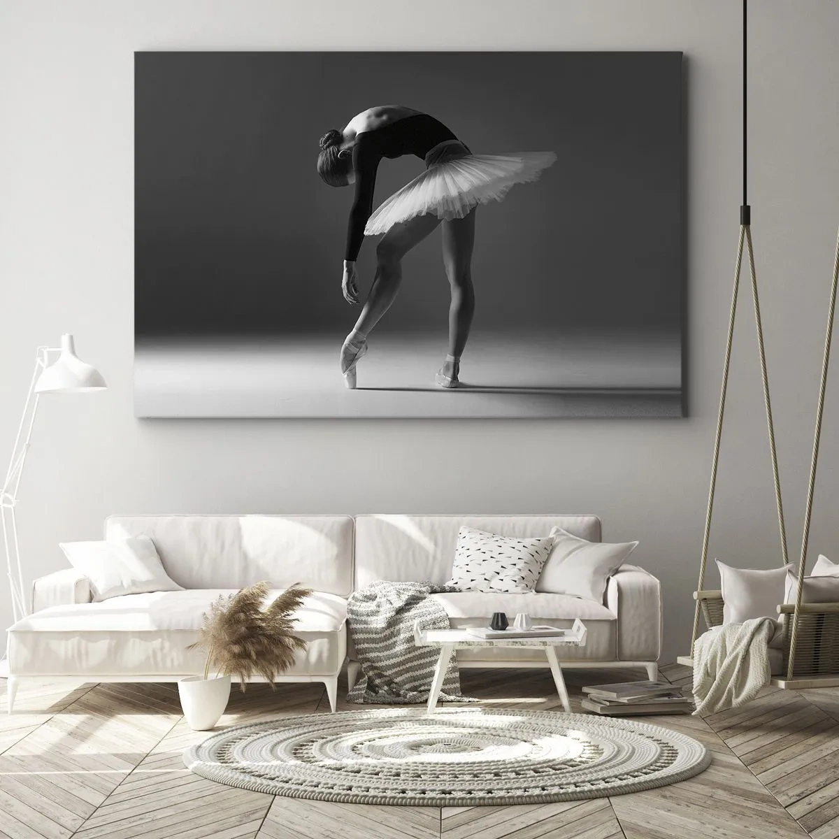 Obraz na płótnie - Baletnica w eleganckiej pozie na czarno-białym tle - 70x50cm - Bella balerina - Nowoczesna dekoracja ścienna do salonu i sypialni ARTTOR