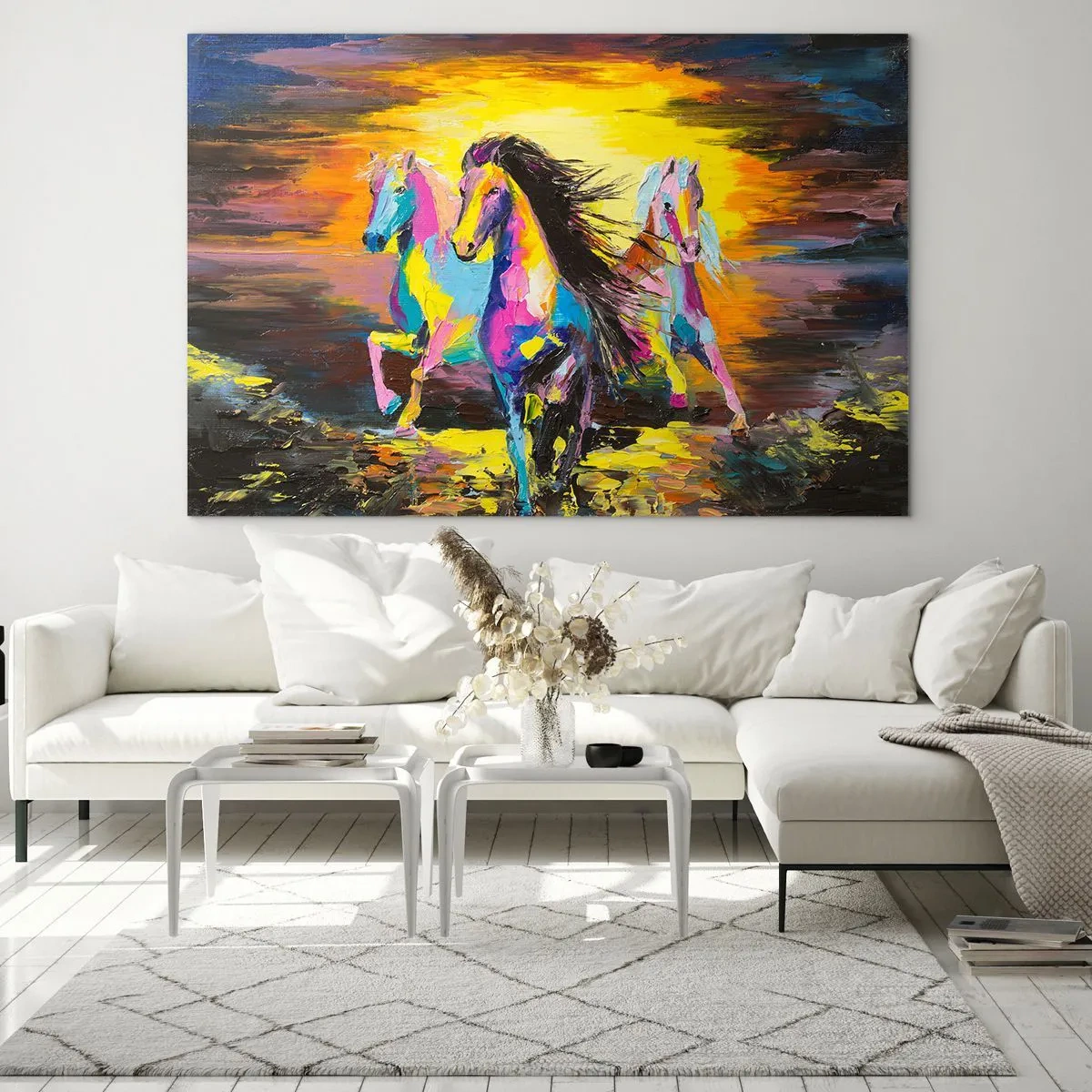 Obraz na szkle - Kolorowe konie galopujące na tle zachodu słońca - 70x50cm - Zanurzone w tęczy - Nowoczesna dekoracja ścienna do salonu i sypialni ARTTOR