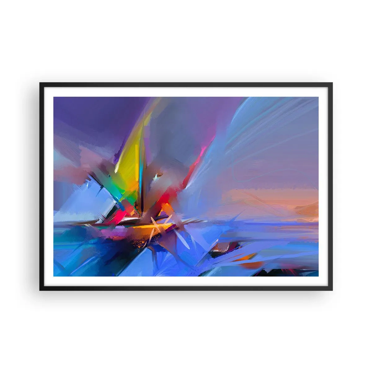 Plakat w czarnej ramie - Abstrakcyjna kompozycja z intensywnymi kolorami - 100x70cm - Śmigła jak ptak - Nowoczesna dekoracja ścienna do salonu i sypialni ARTTOR