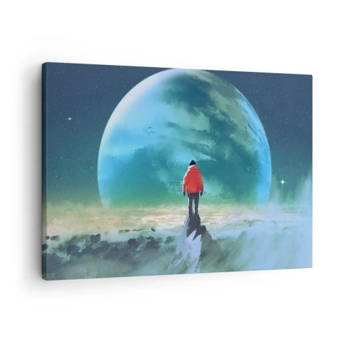 Obraz na płótnie - Odkrywca nowej ziemi - Człowiek w czerwonej kurtce stojący przed wielką planetą na tle gwiazd - 70x50cm