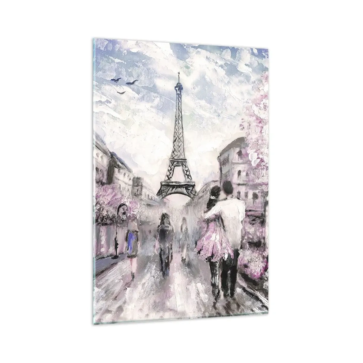 Obraz na szkle - Romantyczny spacer w Paryżu przy Wieży Eiffla - 80x120cm - Jak zakochac się, to tylko w… - Nowoczesna dekoracja ścienna do salonu i sypialni ARTTOR