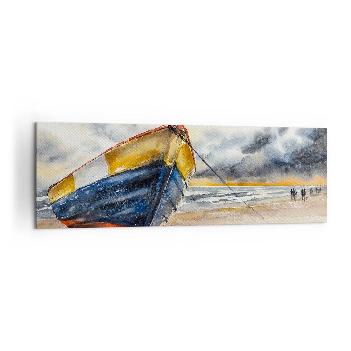 Obraz na płótnie - Malownicza łódź na plaży przy zachmurzonym niebie - 160x50cm - Odpoczynek na brzegu - Nowoczesna dekoracja ścienna do salonu i sypialni ARTTOR