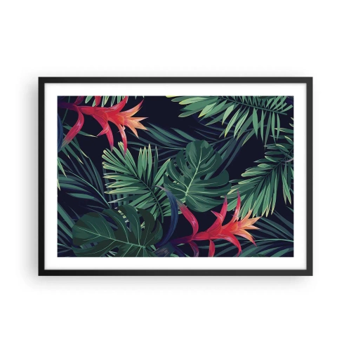 Plakat w czarnej ramie - Tropikalne liście i kwiaty na ciemnym tle - 70x50cm - Zapłonąć w zieleni - Nowoczesna dekoracja ścienna do salonu i sypialni ARTTOR