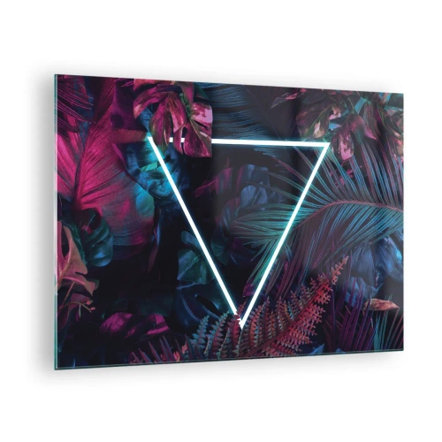 Obraz na szkle - Neonowy trójkąt w otoczeniu tropikalnych roślin w odcieniach różu i niebieskiego - 70x50cm - Ogród w stylu disco - Nowoczesna dekoracja ścienna do salonu i sypialni ARTTOR