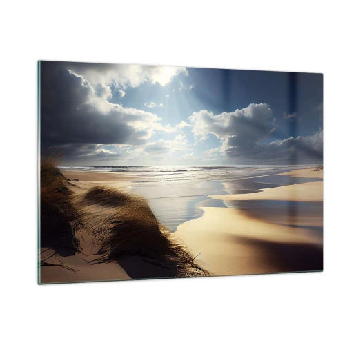 Obraz na szkle - Dzika plaża oświetlona promieniami słońca spod chmur - 120x80cm - Plaża, dzika plaża - Nowoczesna dekoracja ścienna do salonu, kuchni i sypialni ARTTOR